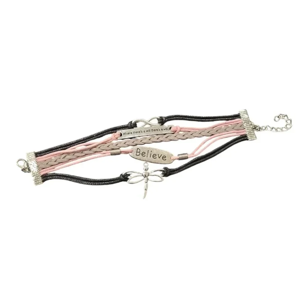 Believe Dragonfly Multi-layered Faux Leather Charm Bracelet